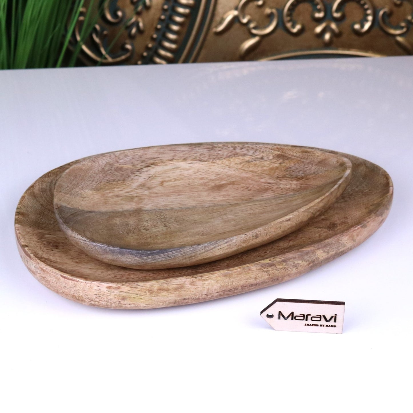 Jarita Oval Shaped Wooden Serving Dishes Set of 2 - Stacked on top of each other