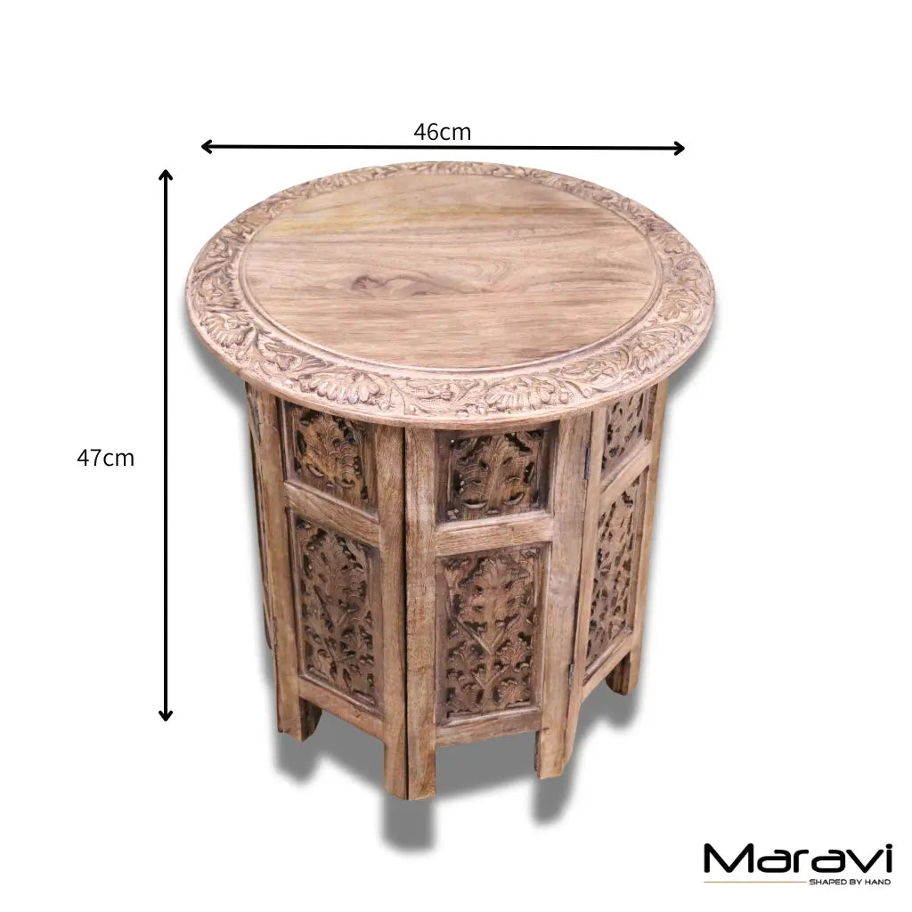 Jenari Large Mango Wood Side Table Leaf Carving - Dimensions