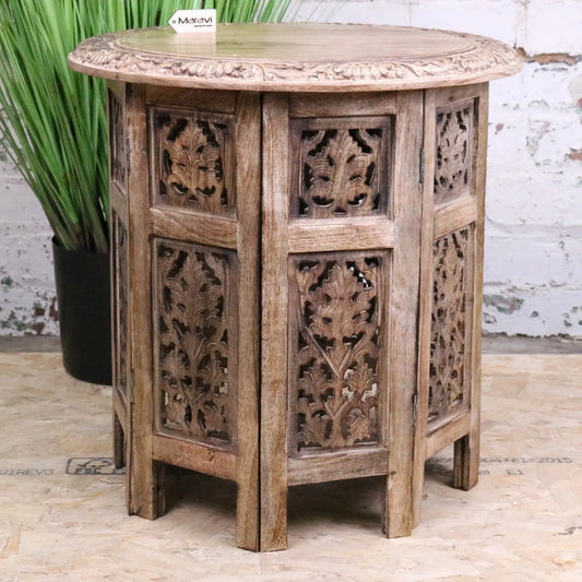 Jenari Large Mango Wood Side Table Leaf Carving - Front View