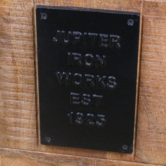 Jupiter Iron Works Furniture Industrial Bedside Cabinet - Closeup of Plaque