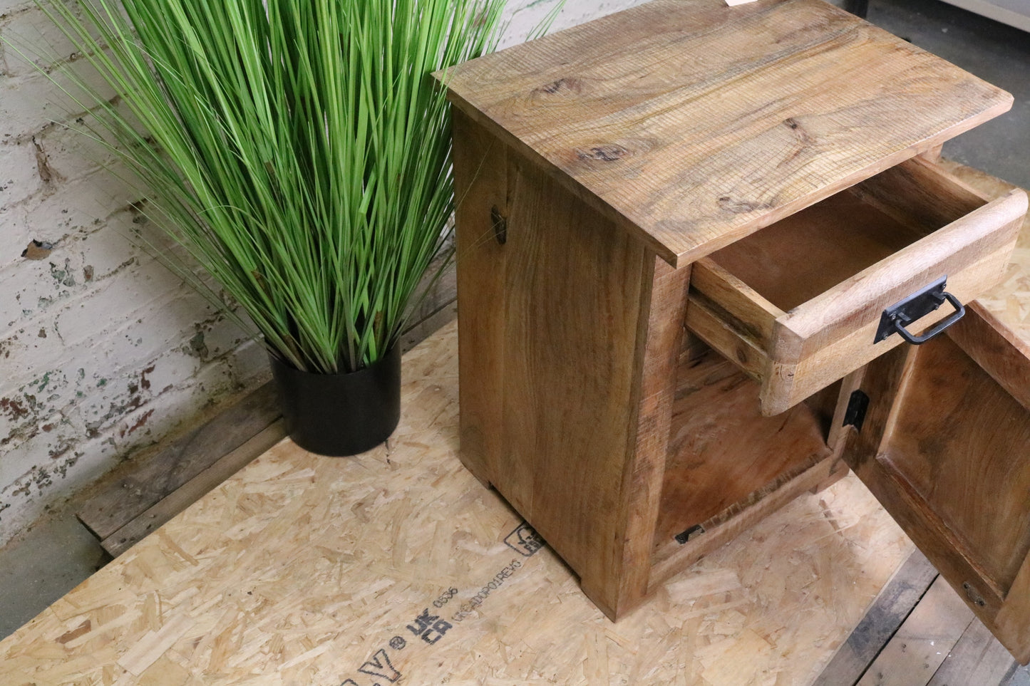 Jupiter Iron Works Furniture Industrial Bedside Cabinet - Side View with Drawer and Door Open