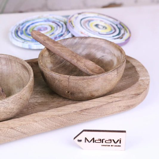 Karuna Mango Wood Serving Bowl Set of 3 with Tray - Closeup of Bowl on Tray