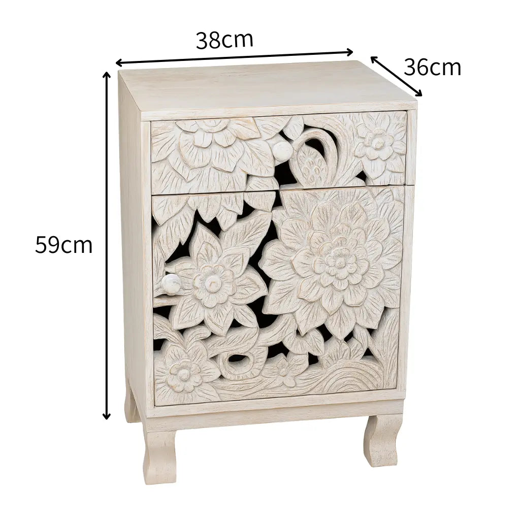 Kheda Mango Wood Bedside Cabinet Distressed White Maravi