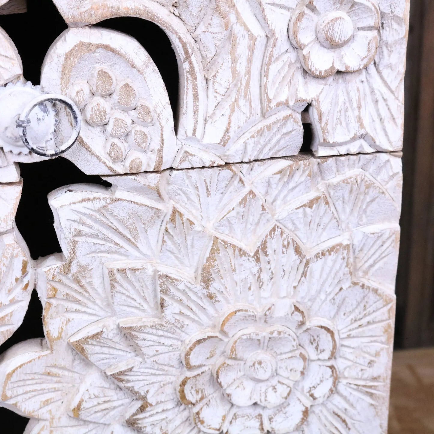 Kheda Mango Wood Bedside Cabinet Distressed White - Closeup of Large Flower Carving