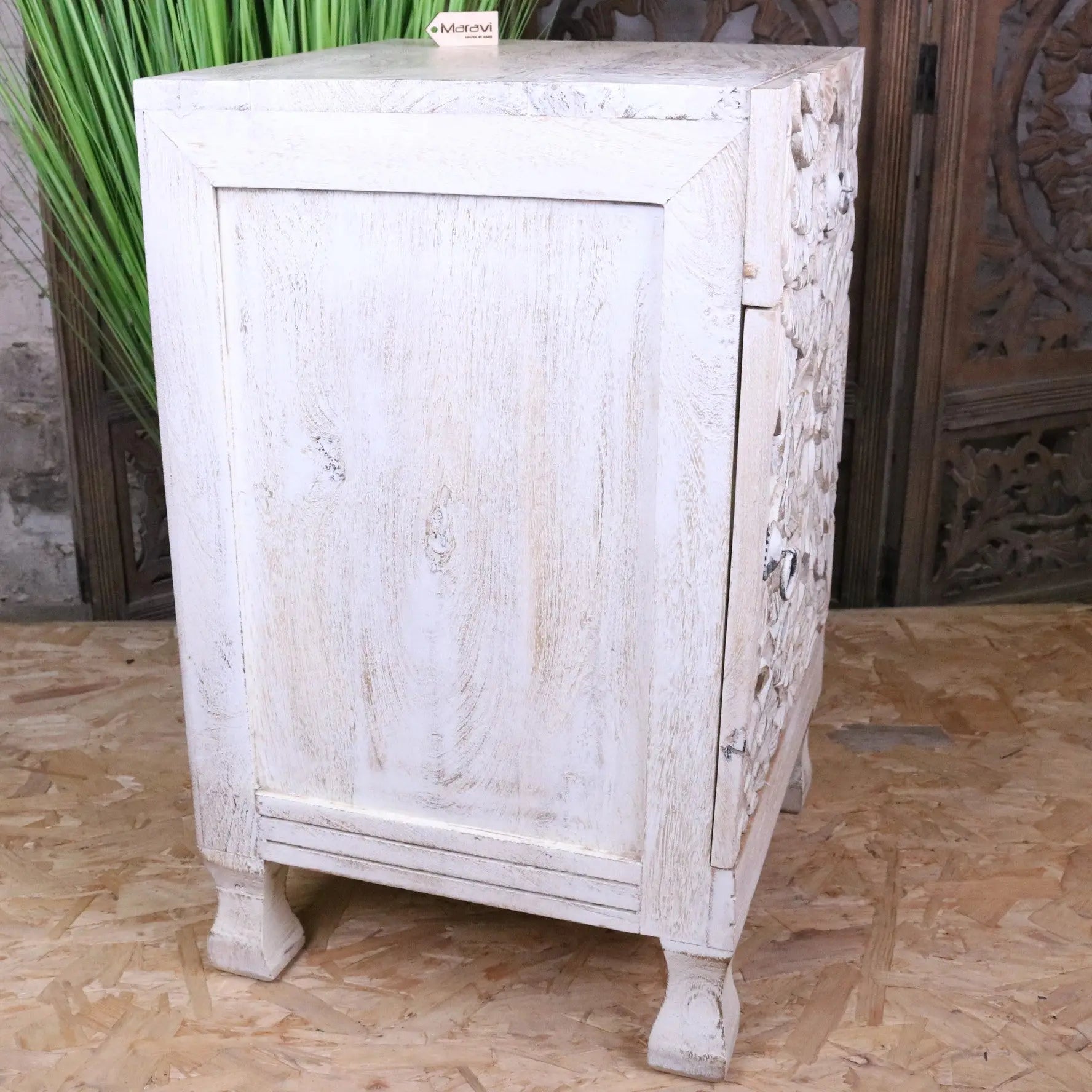 Kheda Mango Wood Bedside Cabinet Distressed White - Side View