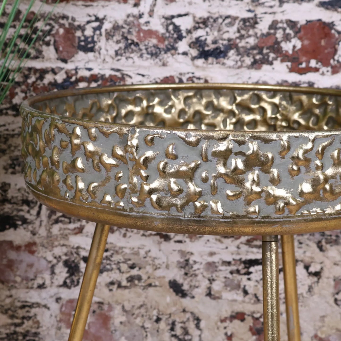 Kovalam Bowl Style Side Table Antiqued Gold - Closeup of Sidewall