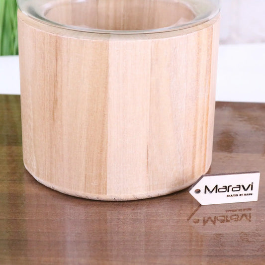 Kovira Glass and Wood Vase 35cm - Closeup of Wooden Base