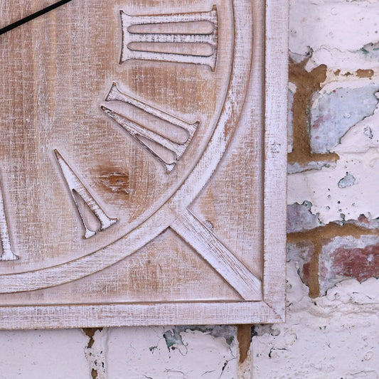 Large Square Wooden Clock 60cm - White Closeup of Corner