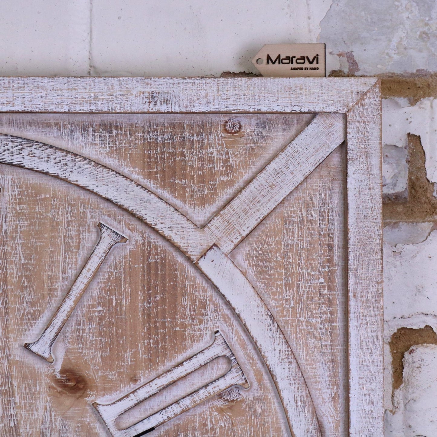 Large Square Wooden Clock 60cm - White Closeup of Top Corner