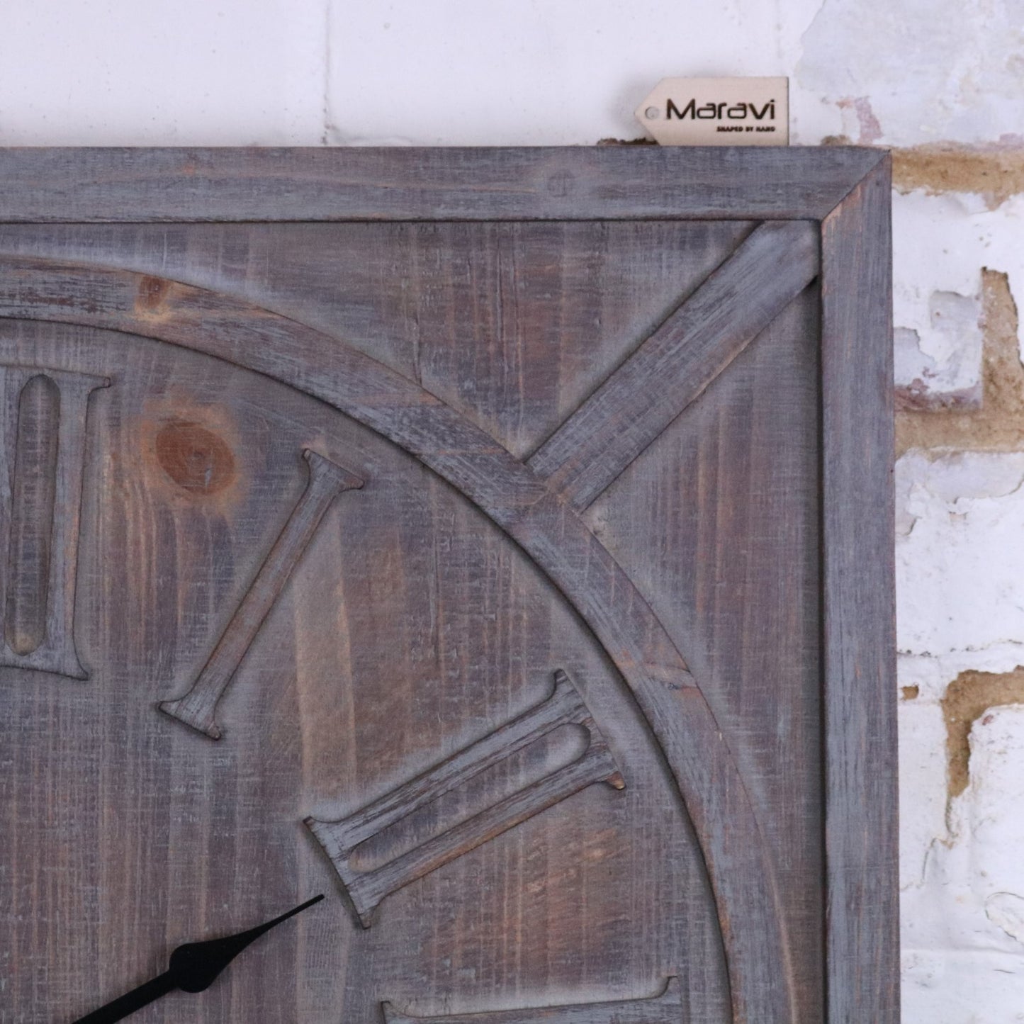 Large Square Wooden Clock 60cm - Grey Closeup of Top Corner