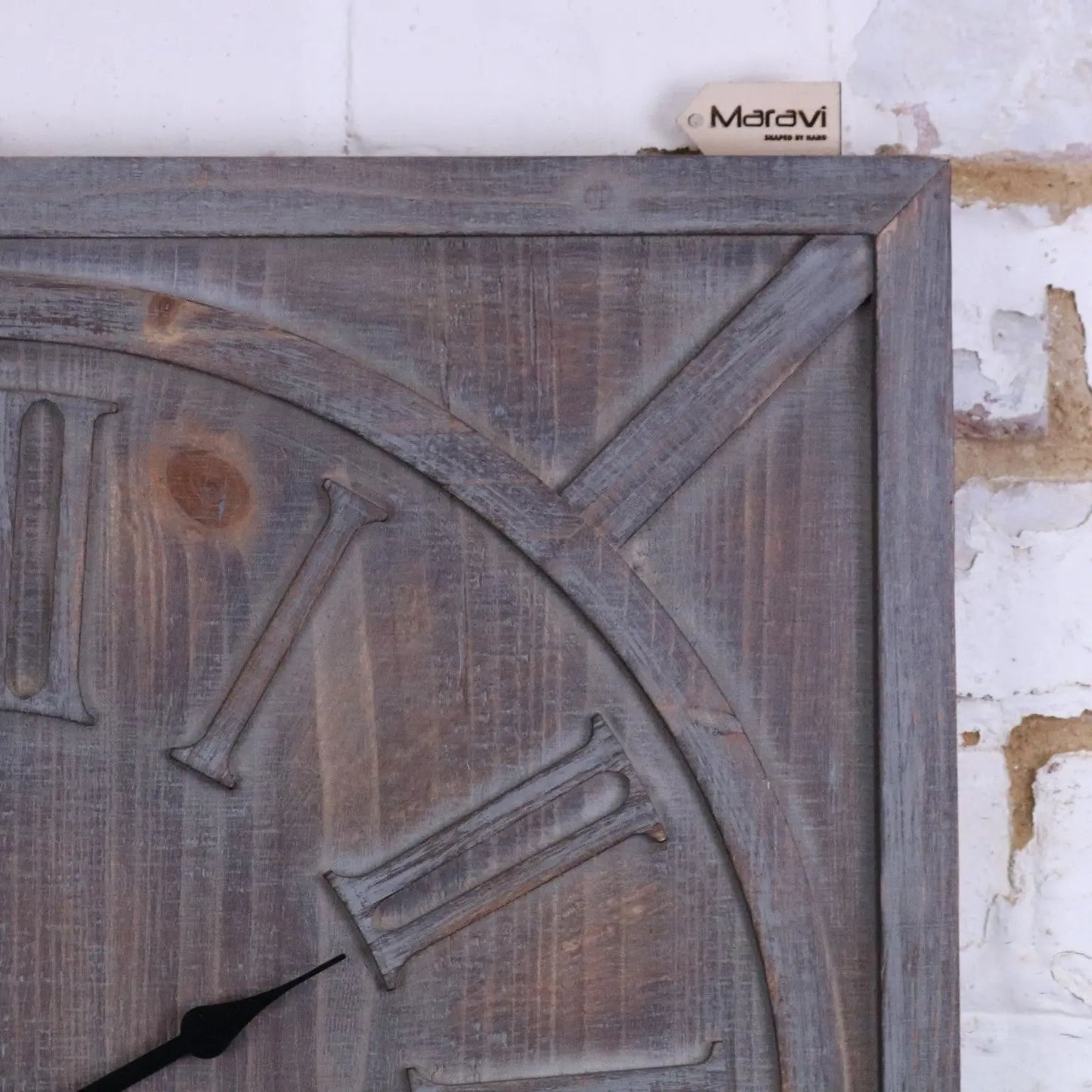 Large Square Wooden Clock 60cm - Grey Closeup of Top Corner
