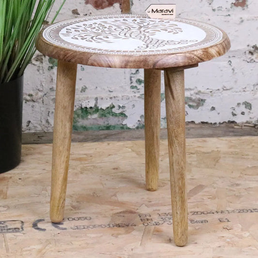 Loraya Mango Wood Stool Plant Stand Carved Tree Design - Front View