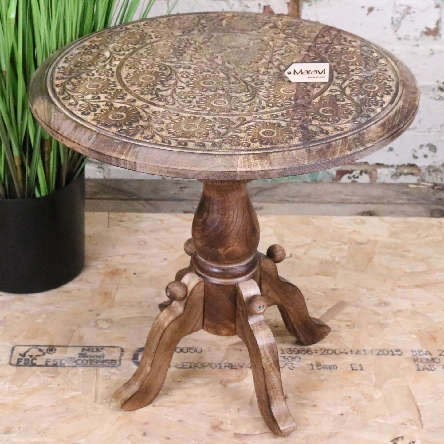 Manka Round Wooden Pedestal Side Table Maravi