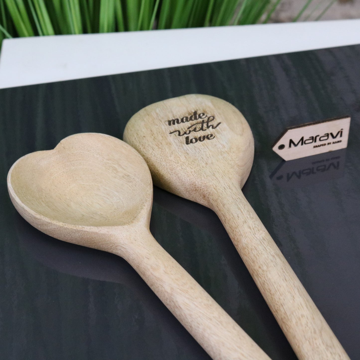 Marula Heart Wooden Spoon Set of 2 - Closeup of Spoon Heads