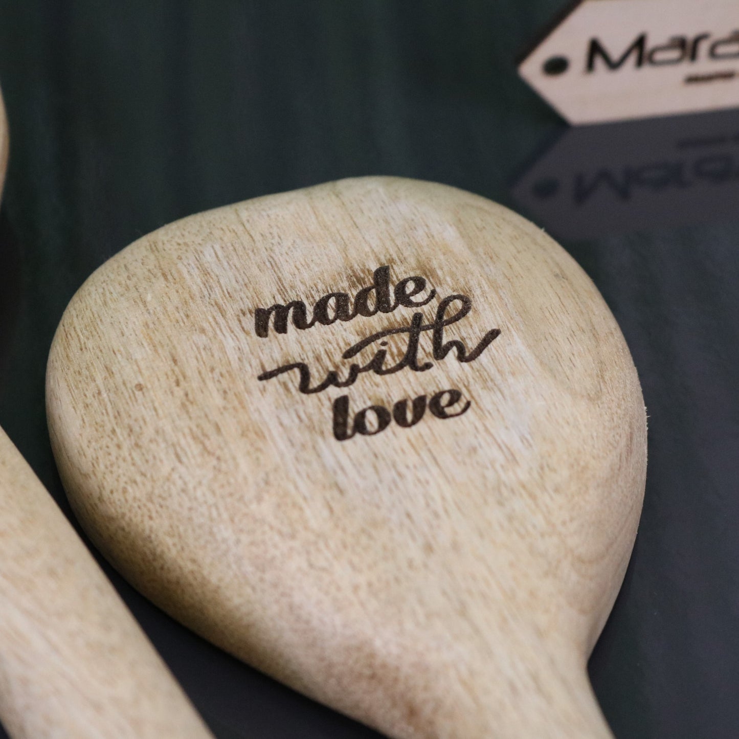 Marula Heart Wooden Spoon Set of 2 - Closeup of Engraved Slogan