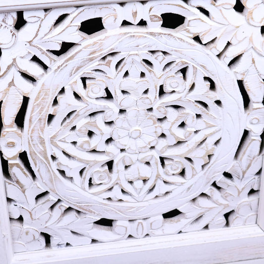 Mehira Mango Wood Bedside Cabinet Antique White - Closeup of Central Carving