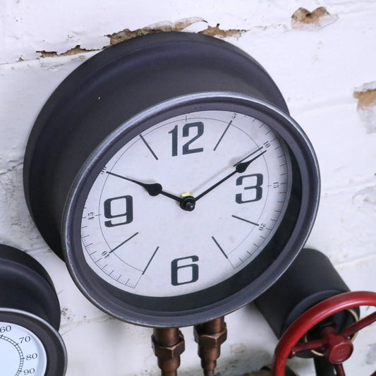 Mevara Pipe Industrial Wall Clock and Thermometer - Closeup of Clock Face