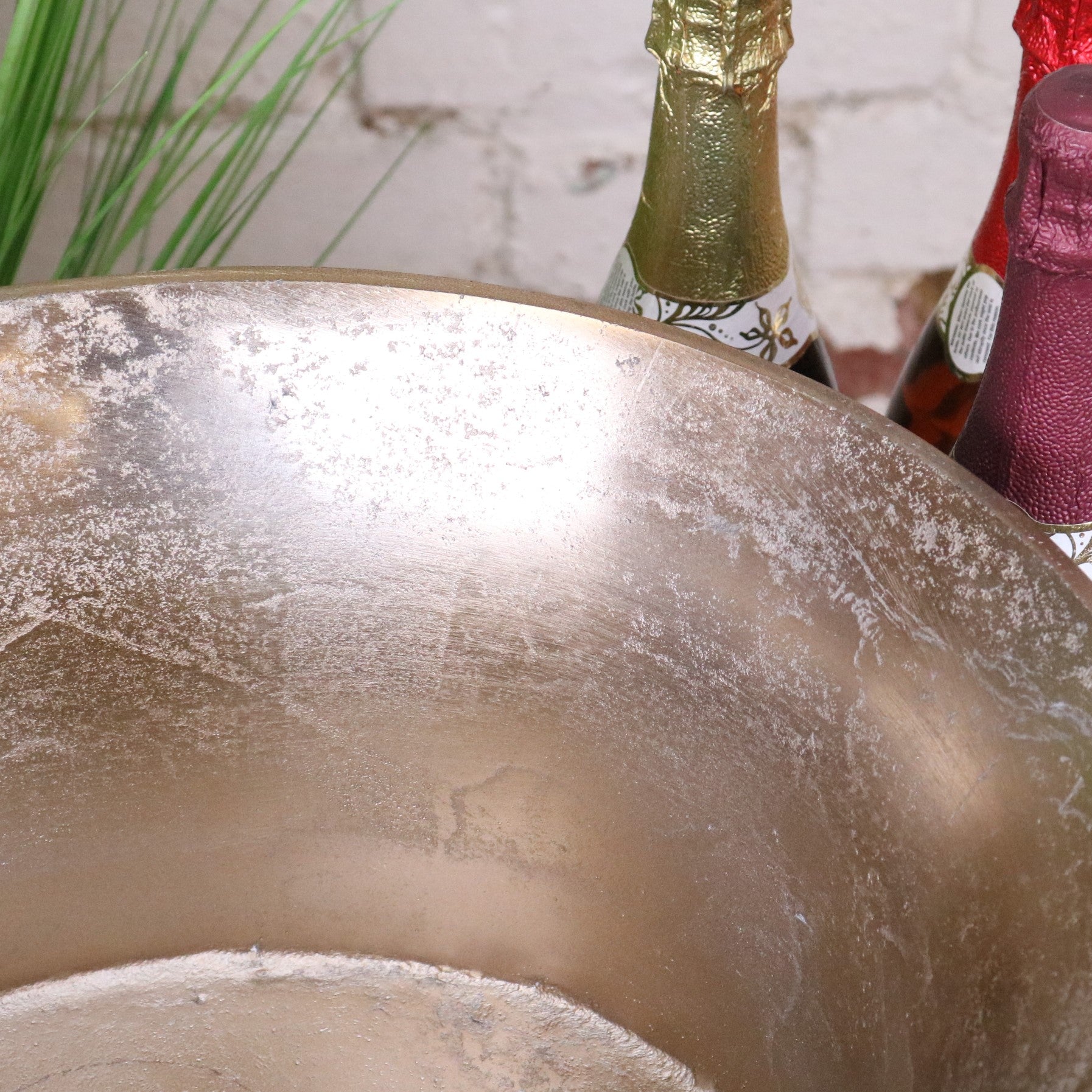 Moyar Champagne Bucket Large Ice Bath Champagne Gold - Closeup of Distressed Finish