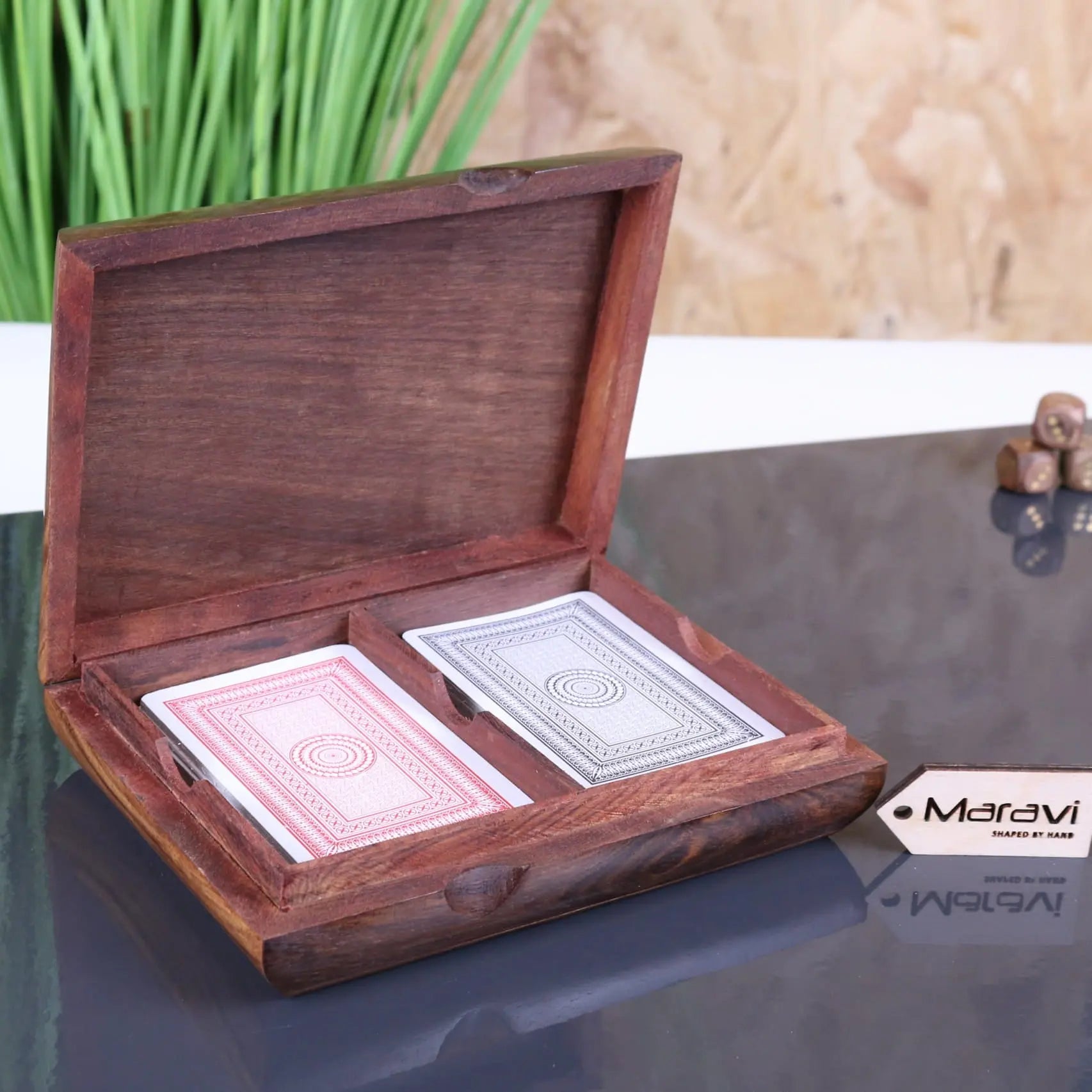Nadu Double Wooden Playing Card Box - Front View Open Box