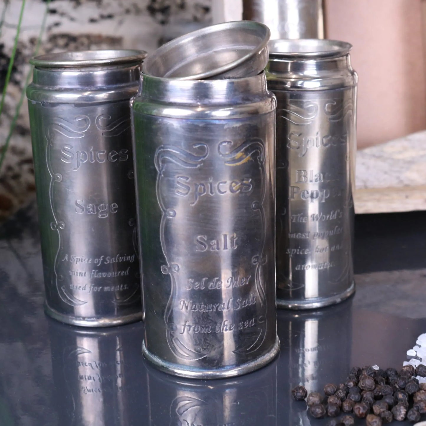 Namak Wooden Wall Mounted Spice Rack - Closeup of Canisters with Lid Closed