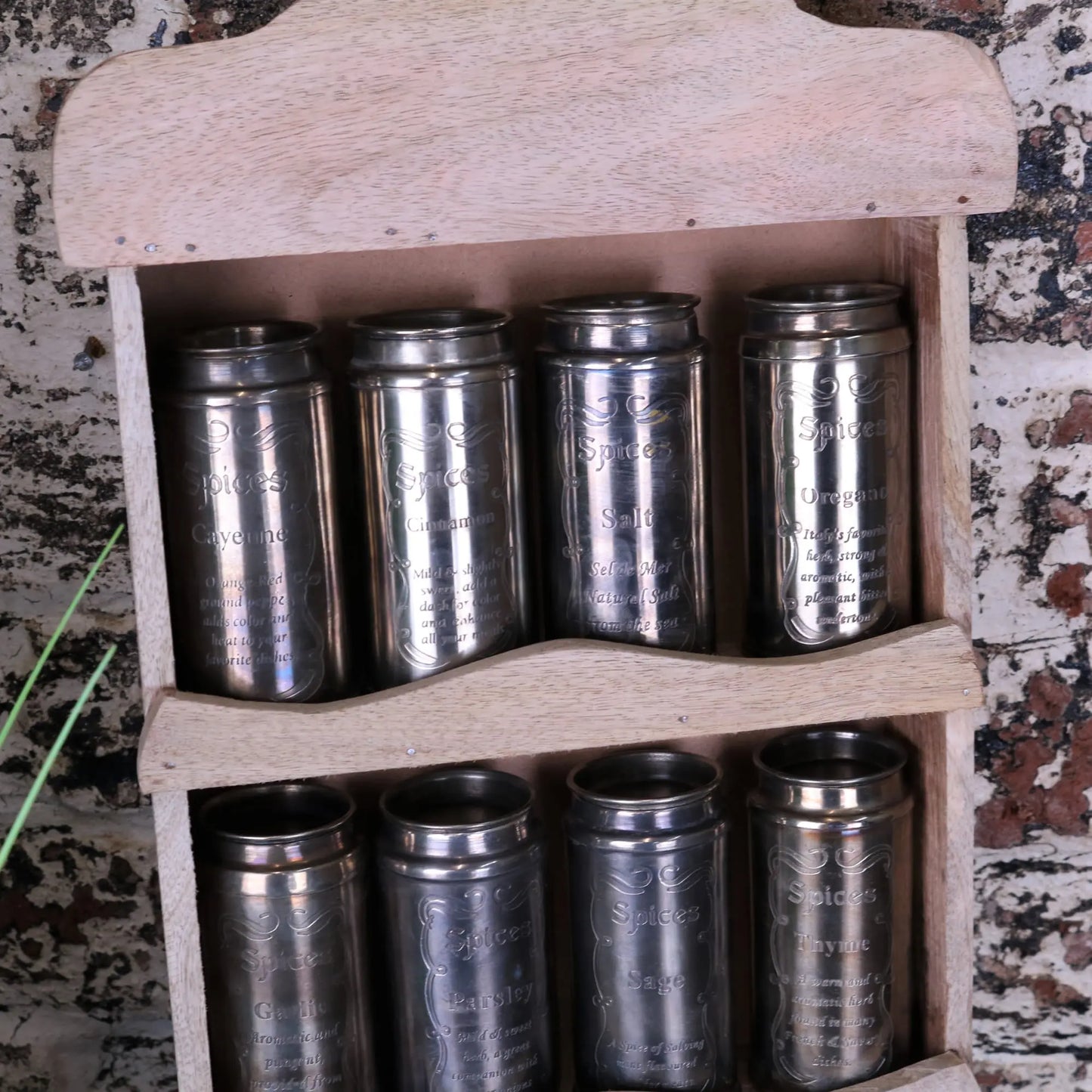 Namak Wooden Wall Mounted Spice Rack - Closeup of Top Half