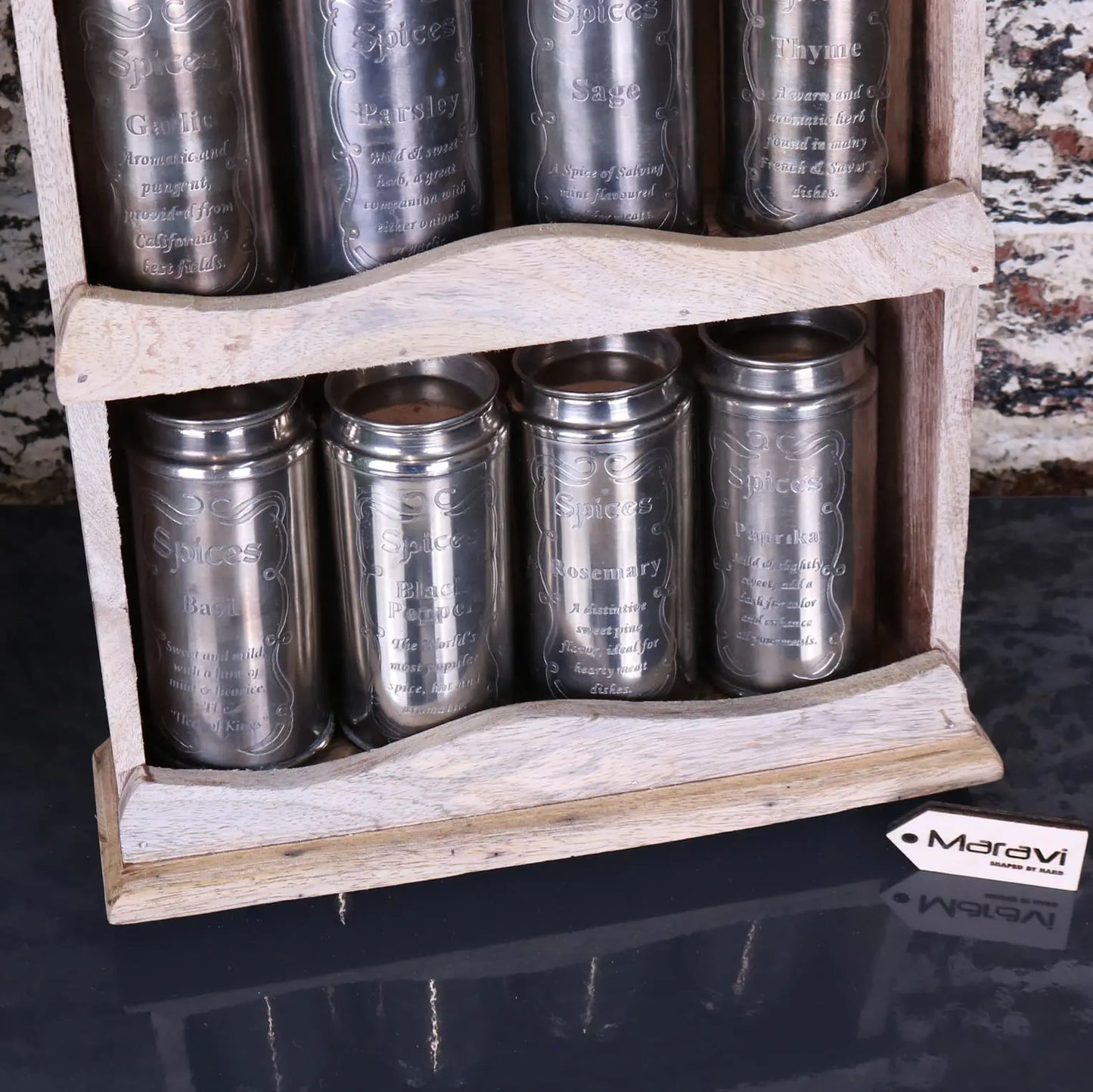 Namak Wooden Wall Mounted Spice Rack - Closeup of Botton Half