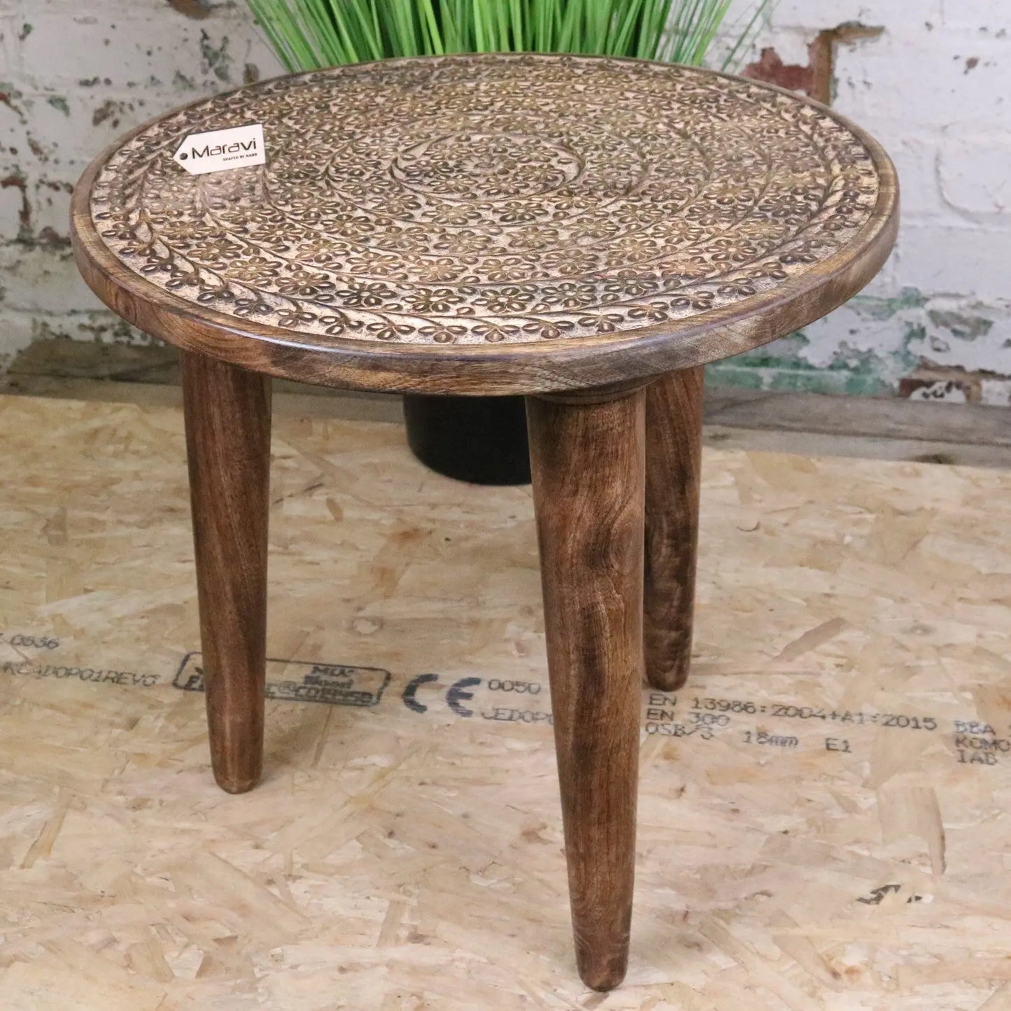 Rawlan Carved Wooden Side Table Burnt Finish Maravi