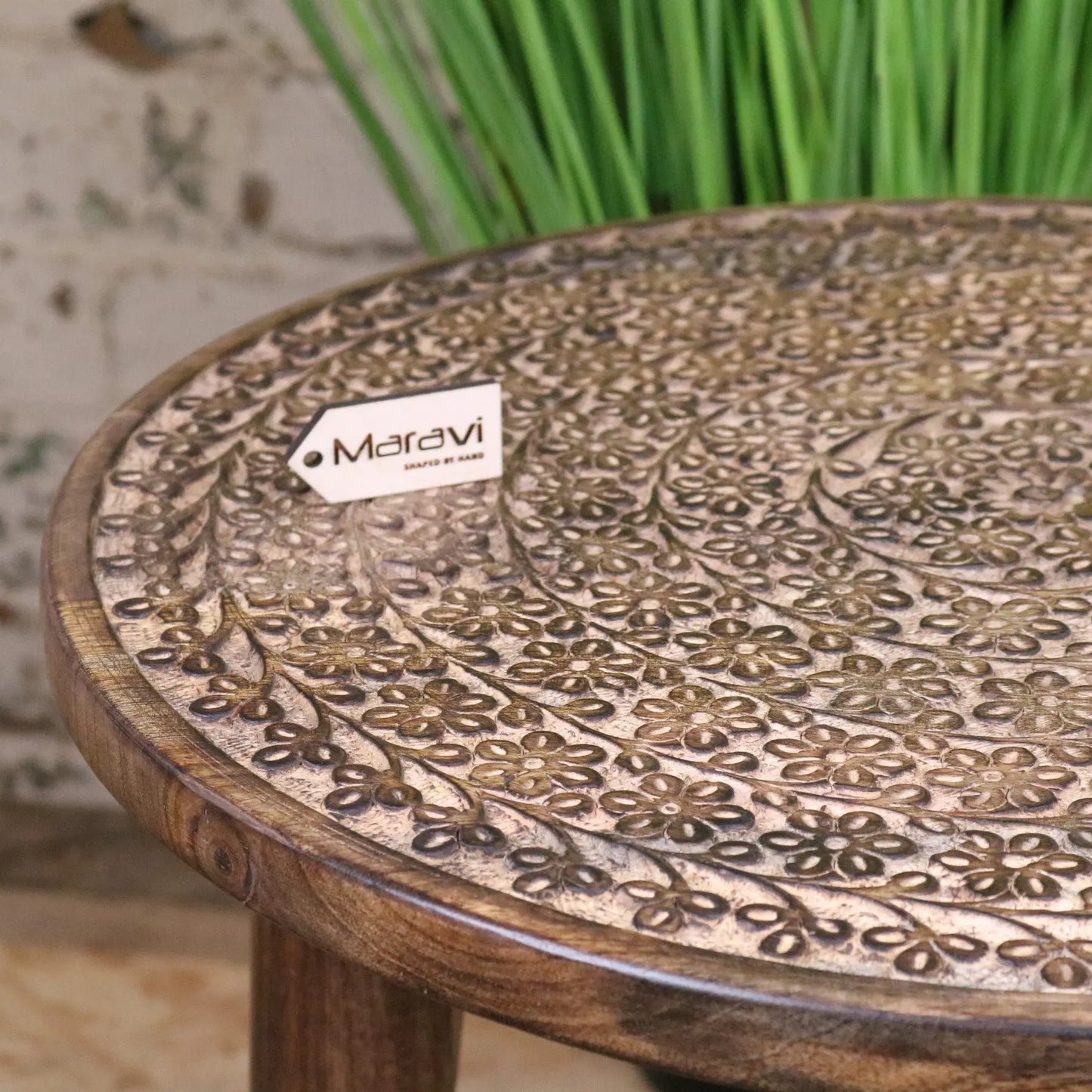 Rawlan Carved Wooden Side Table Burnt Finish Maravi