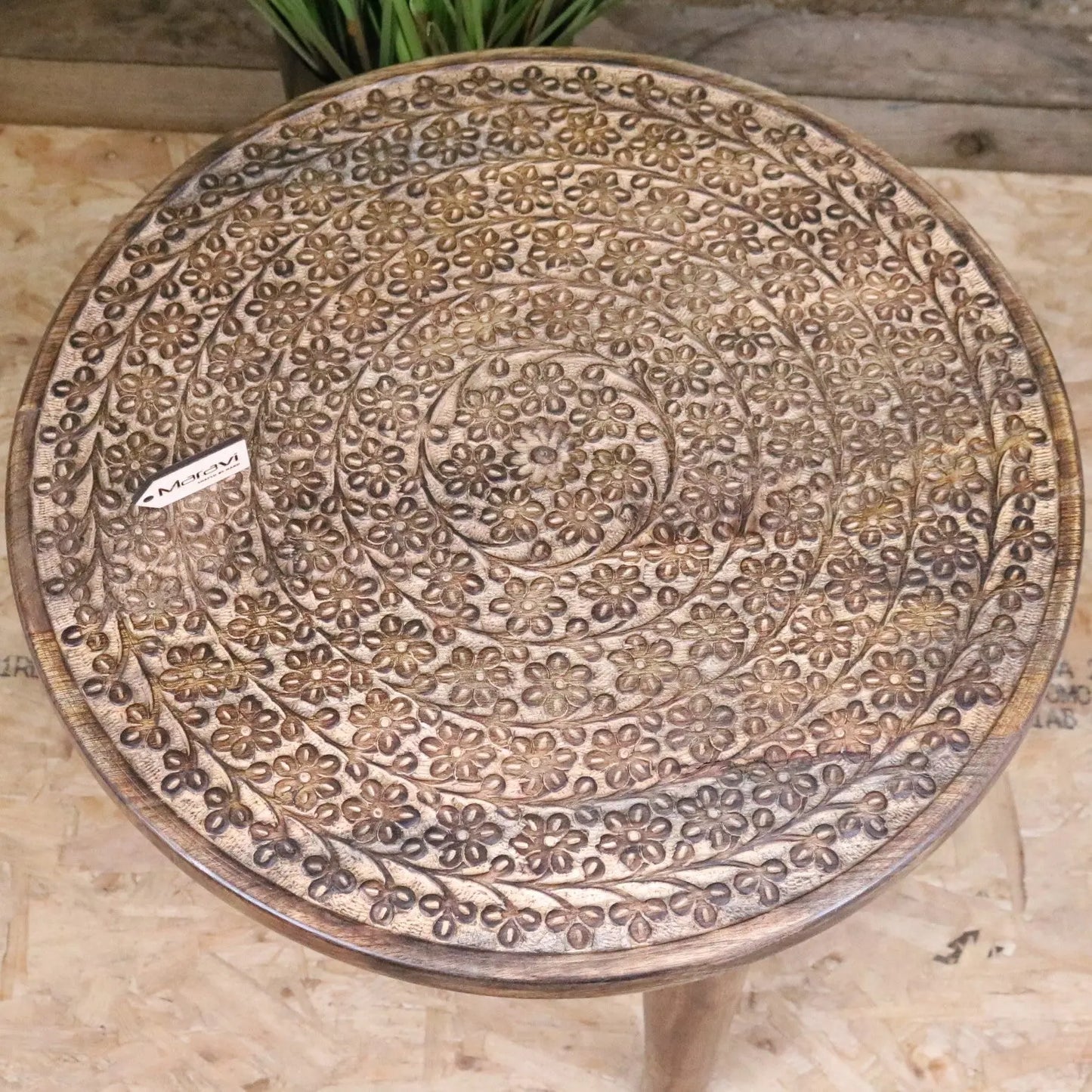 Rawlan Carved Wooden Side Table Burnt Finish Maravi