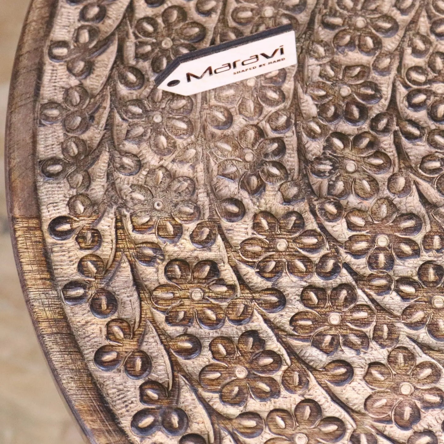 Rawlan Carved Wooden Side Table Burnt Finish Maravi