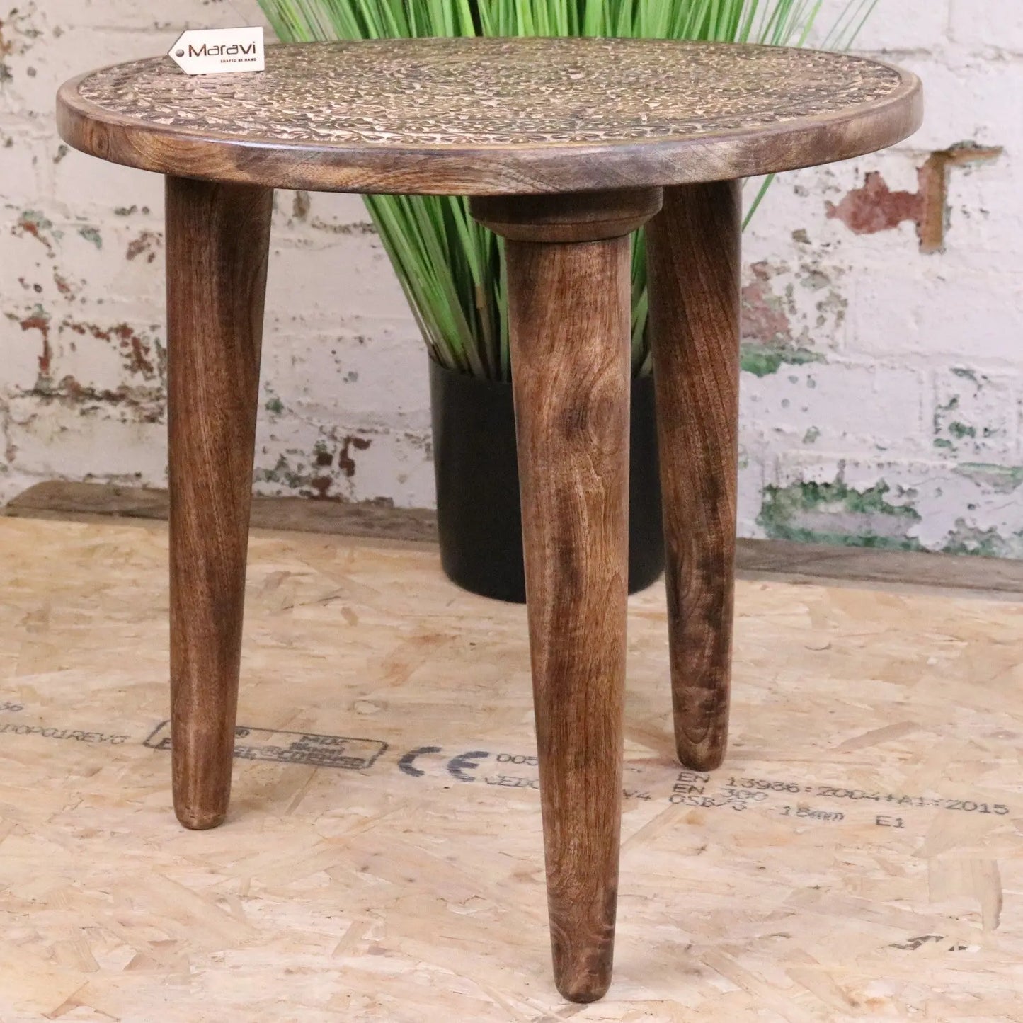 Rawlan Carved Wooden Side Table Burnt Finish Maravi