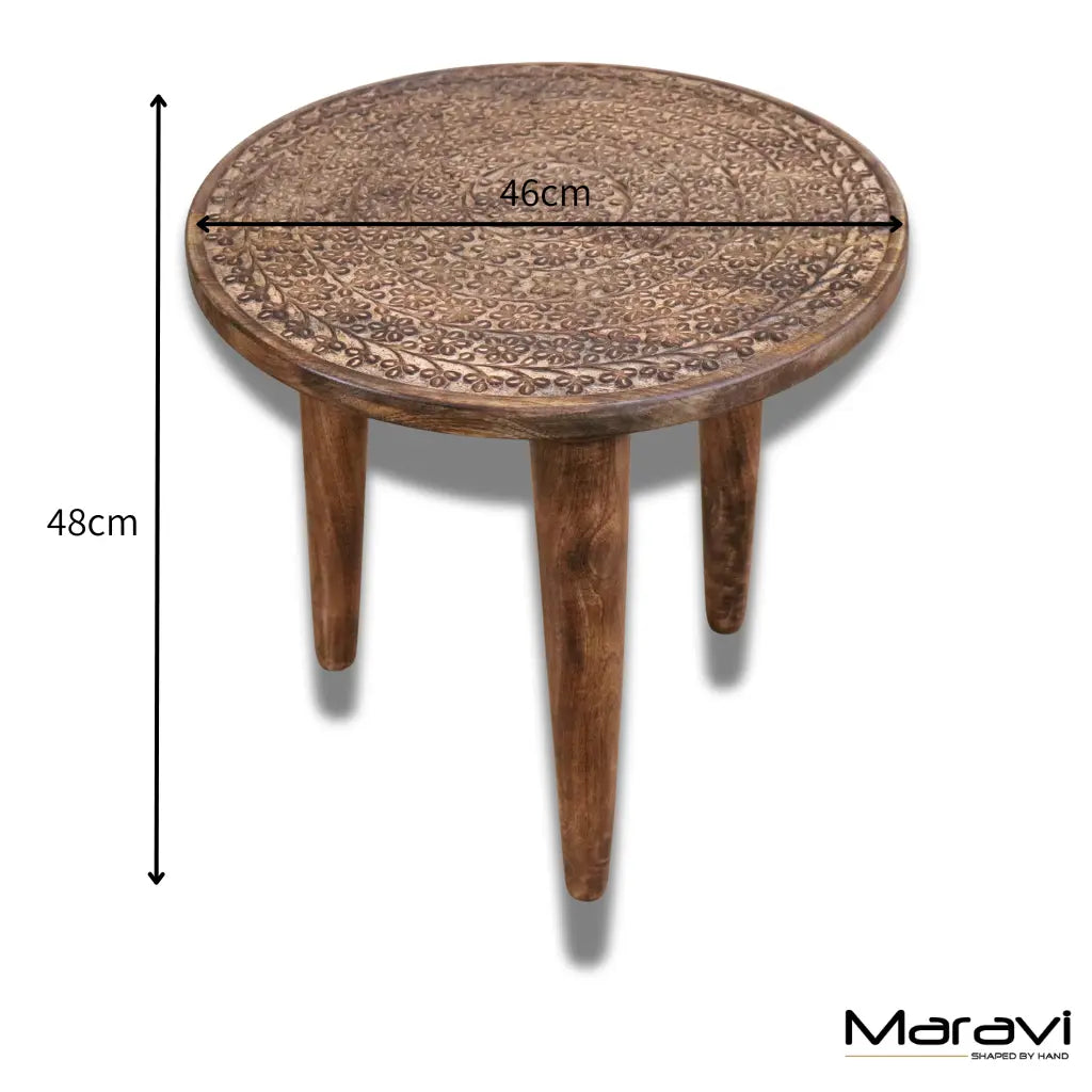 Rawlan Carved Wooden Side Table Burnt Finish Maravi