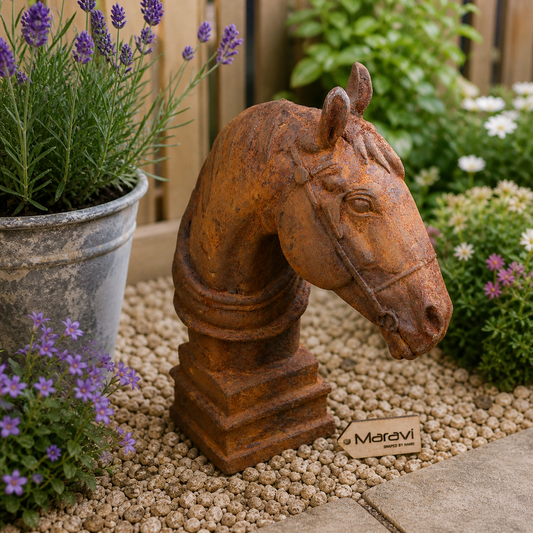 Rusty Horse Head Garden Ornament 45cm - Lifestyle Image