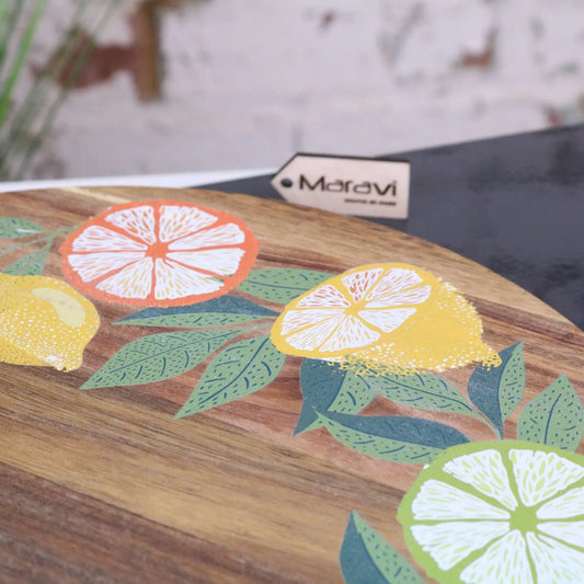 Saitras 35cm Wooden Lazy Susan Citrus Design - Closeup of Lemon Print