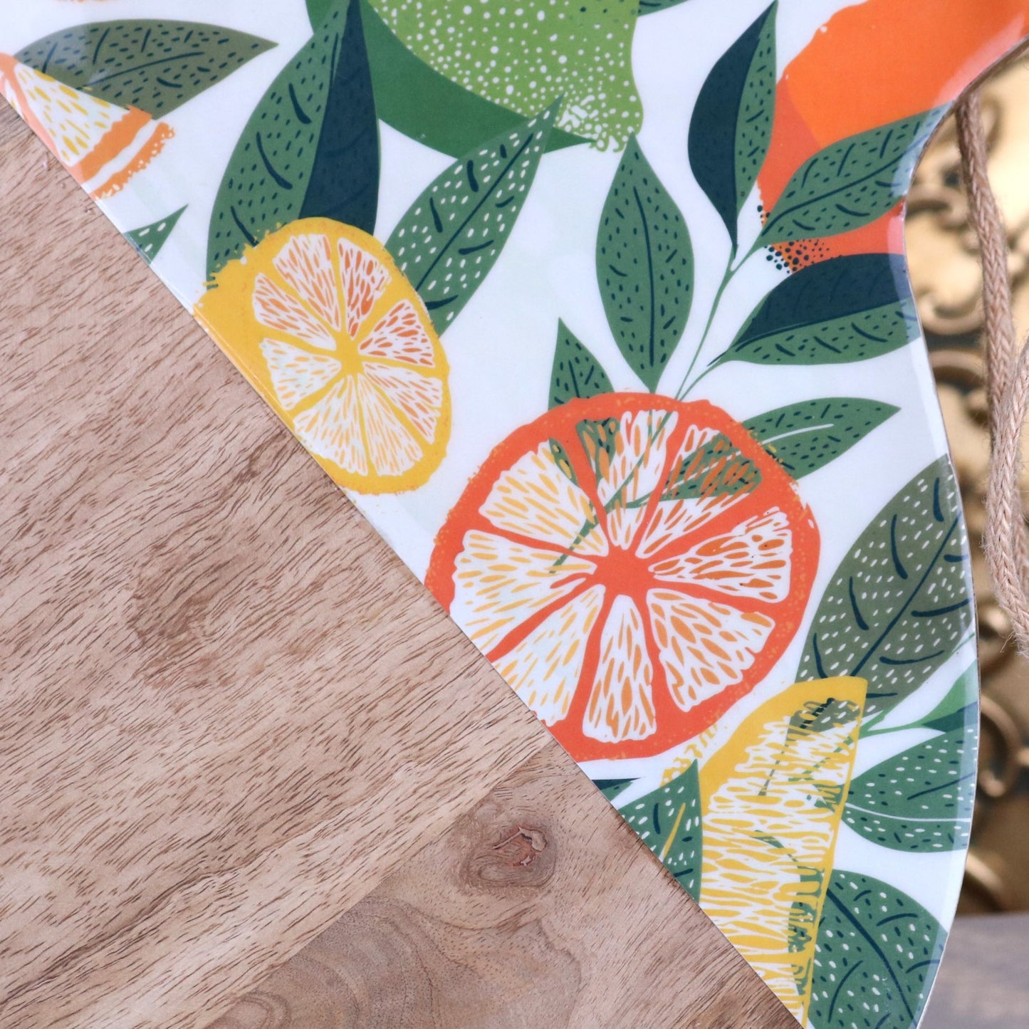 Saitras Round Chopping Board 48cm Enamel Citrus Design - Closeup of Enamel