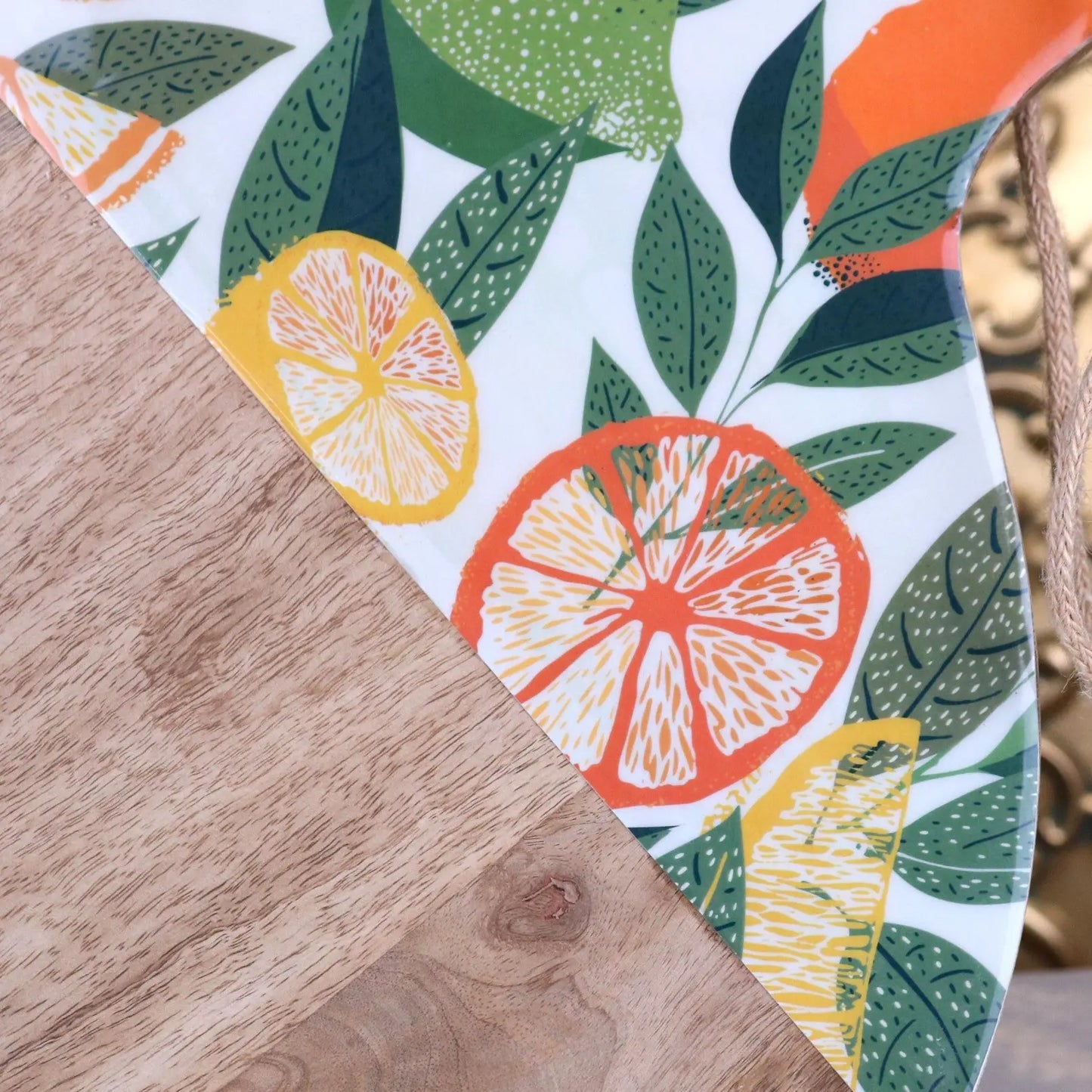 Saitras Round Chopping Board 48cm Enamel Citrus Design - Closeup of Enamel