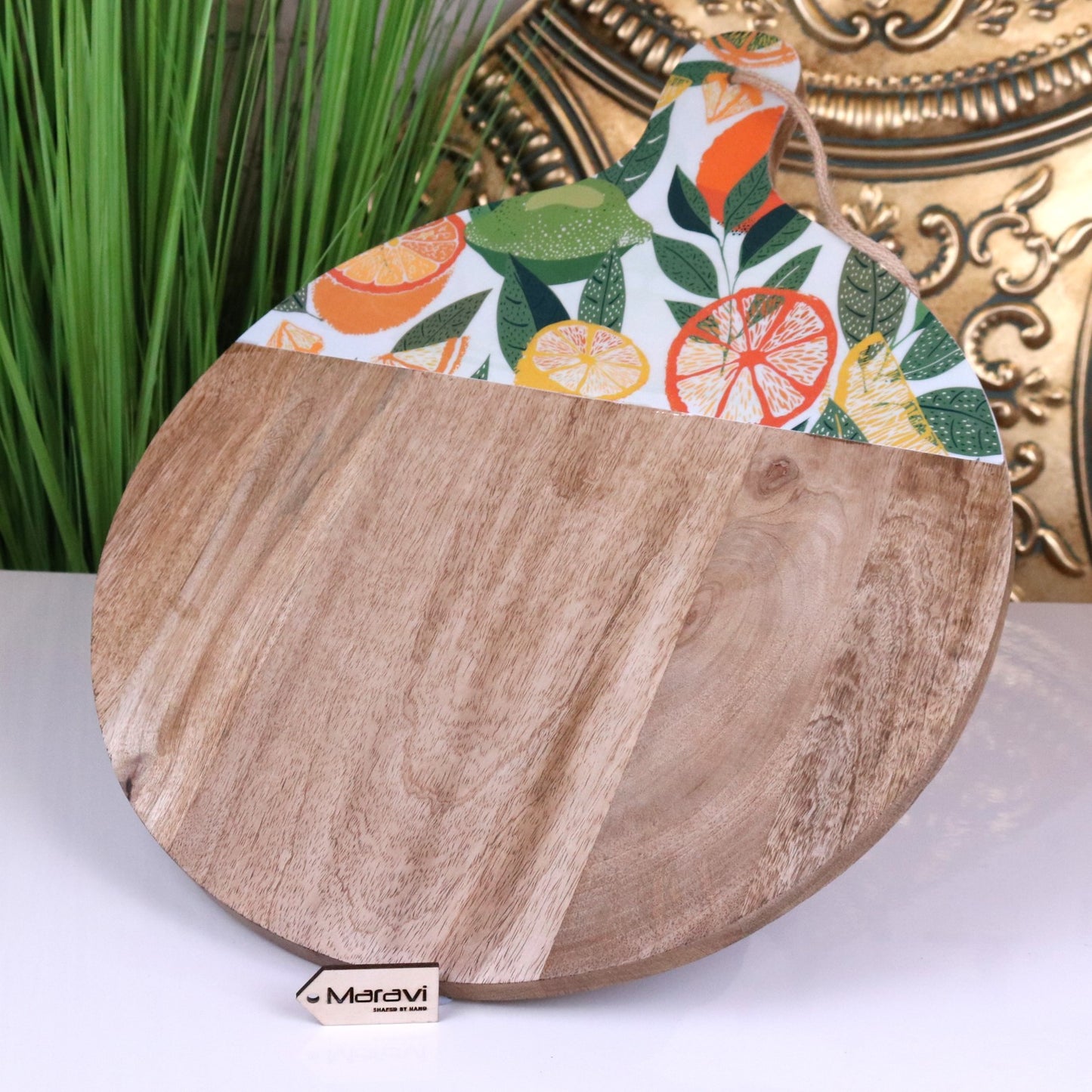 Saitras Round Chopping Board 48cm Enamel Citrus Design - Angled Front View