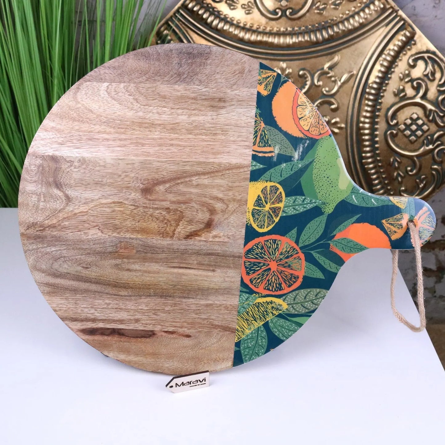 Saitras Round Chopping Board 48cm Enamel Citrus Design - Green - On Side