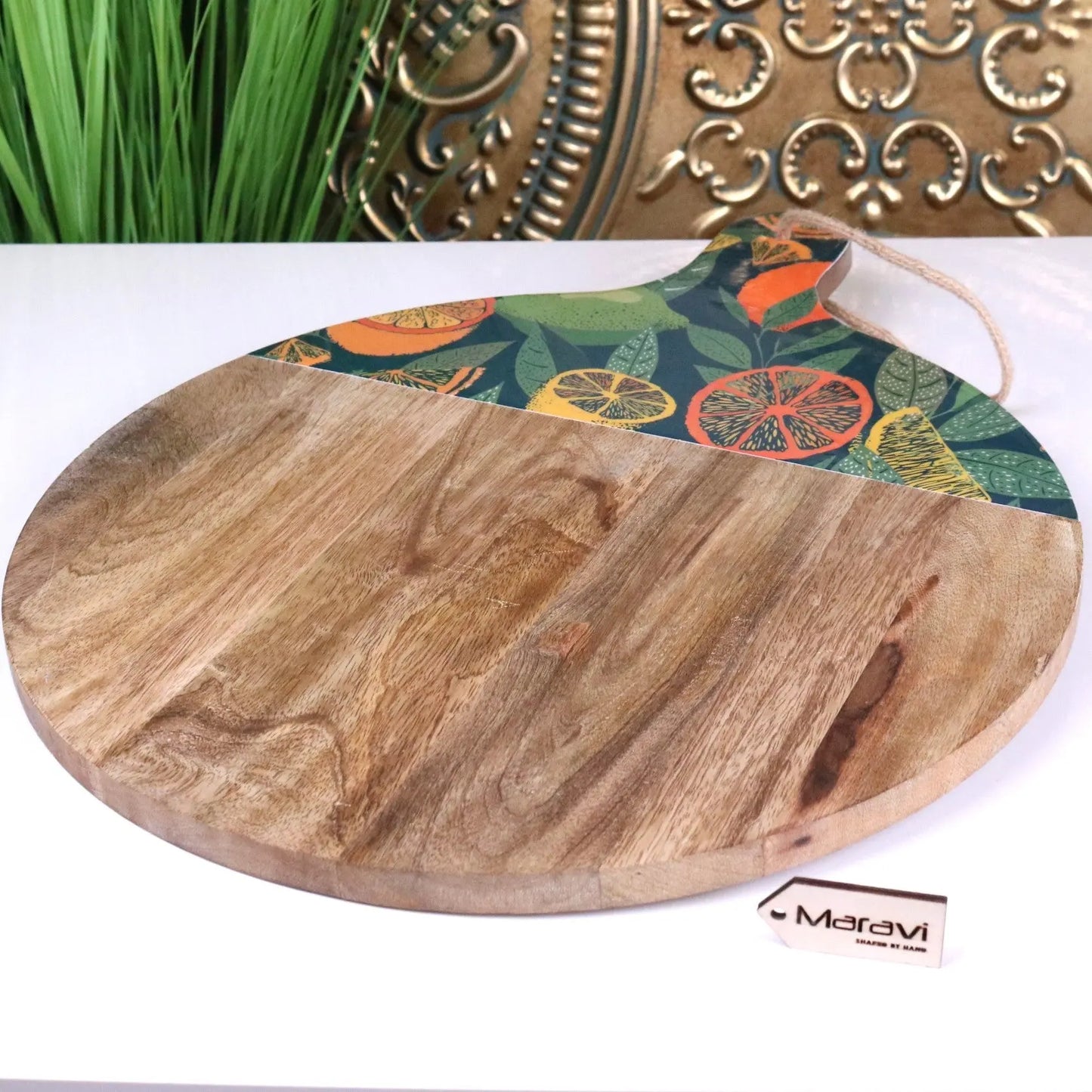 Saitras Round Chopping Board 48cm Enamel Citrus Design - Green - Front View