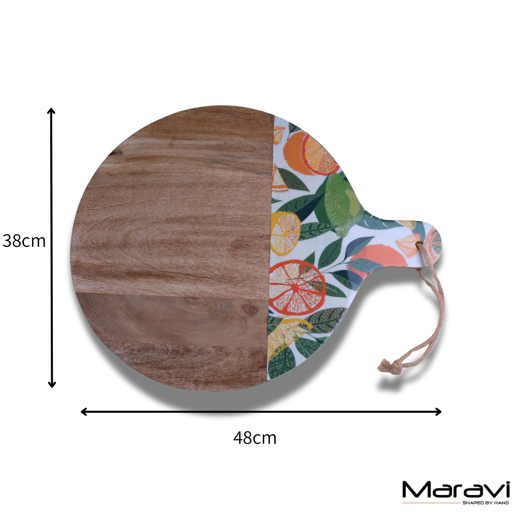 Saitras Round Chopping Board 48cm Enamel Citrus Design - White - Dimensions