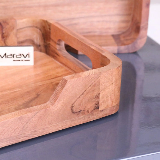 Saketa Wooden Tray Set Acacia Wood - Closeup of Corner