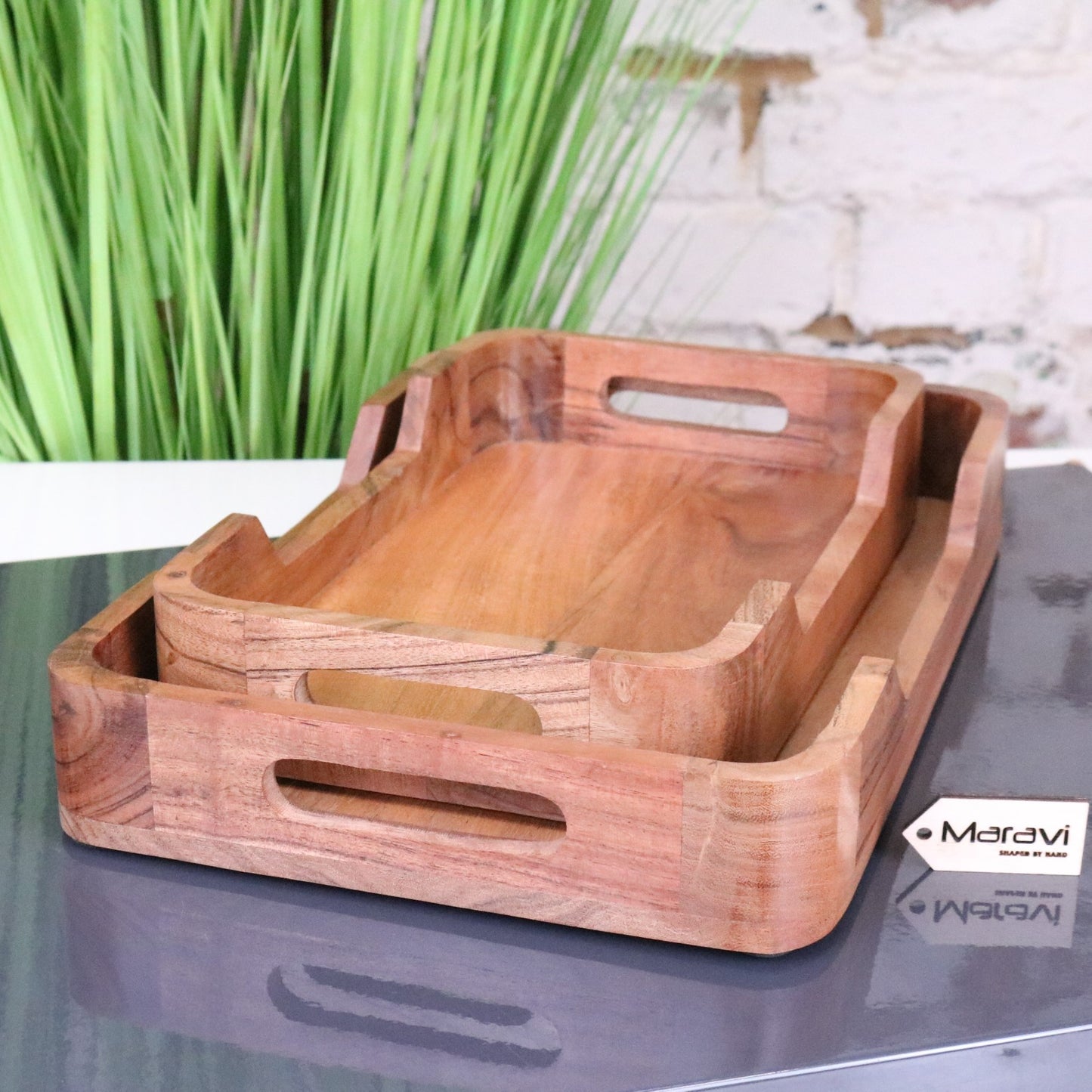 Saketa Wooden Tray Set Acacia Wood - Nested Side View