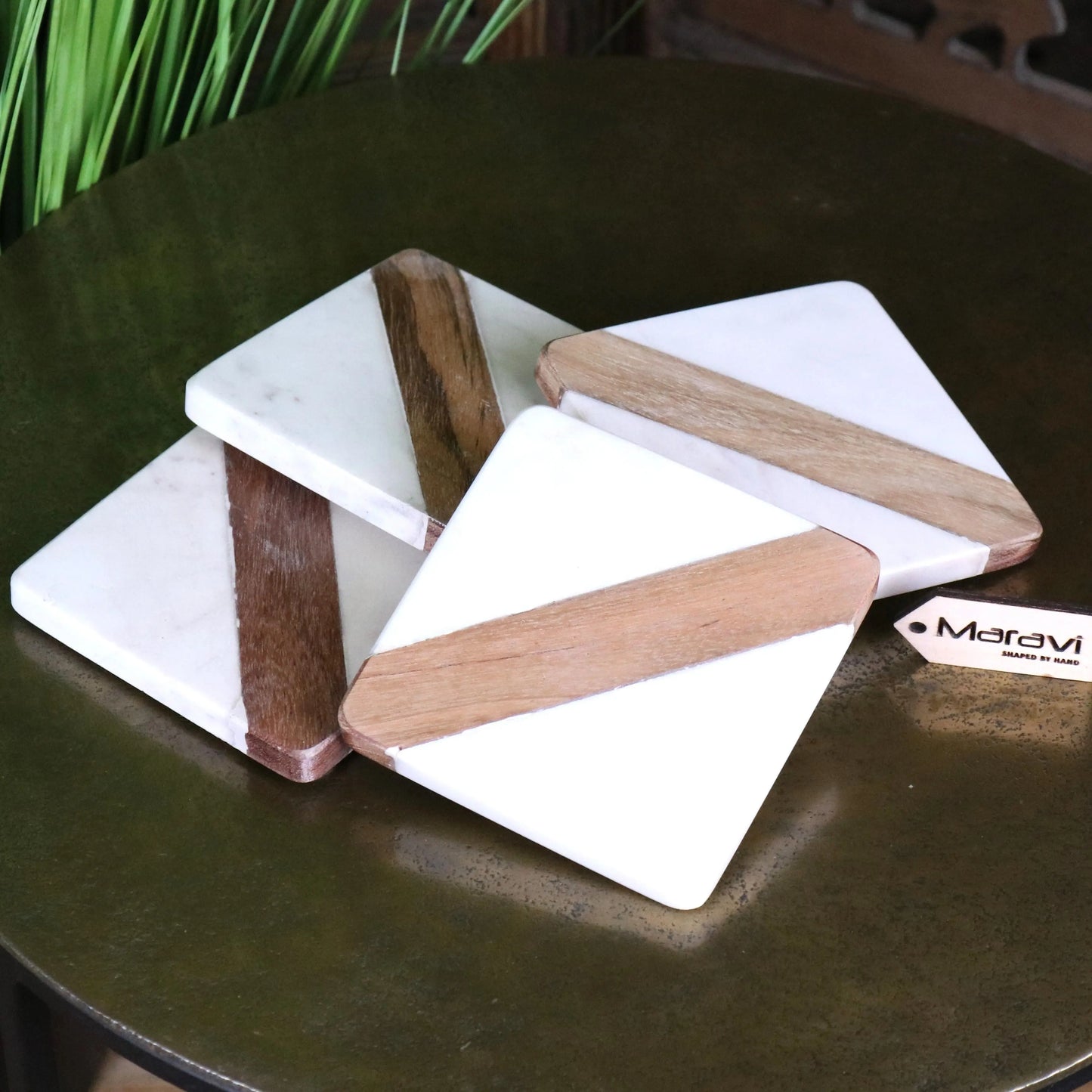 Salya White Marble and Wood Luxury Coasters - Main Image