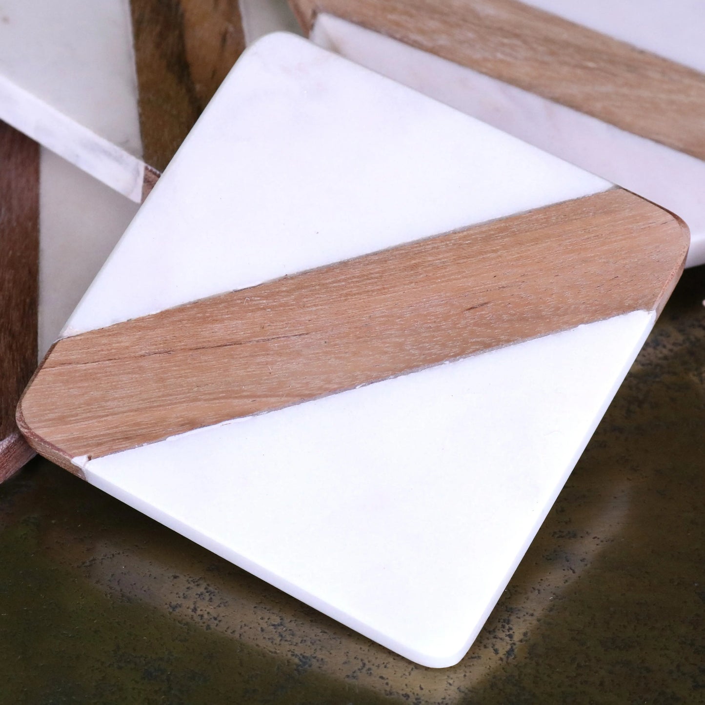 Salya White Marble and Wood Luxury Coasters - Closeup of Single Coaster