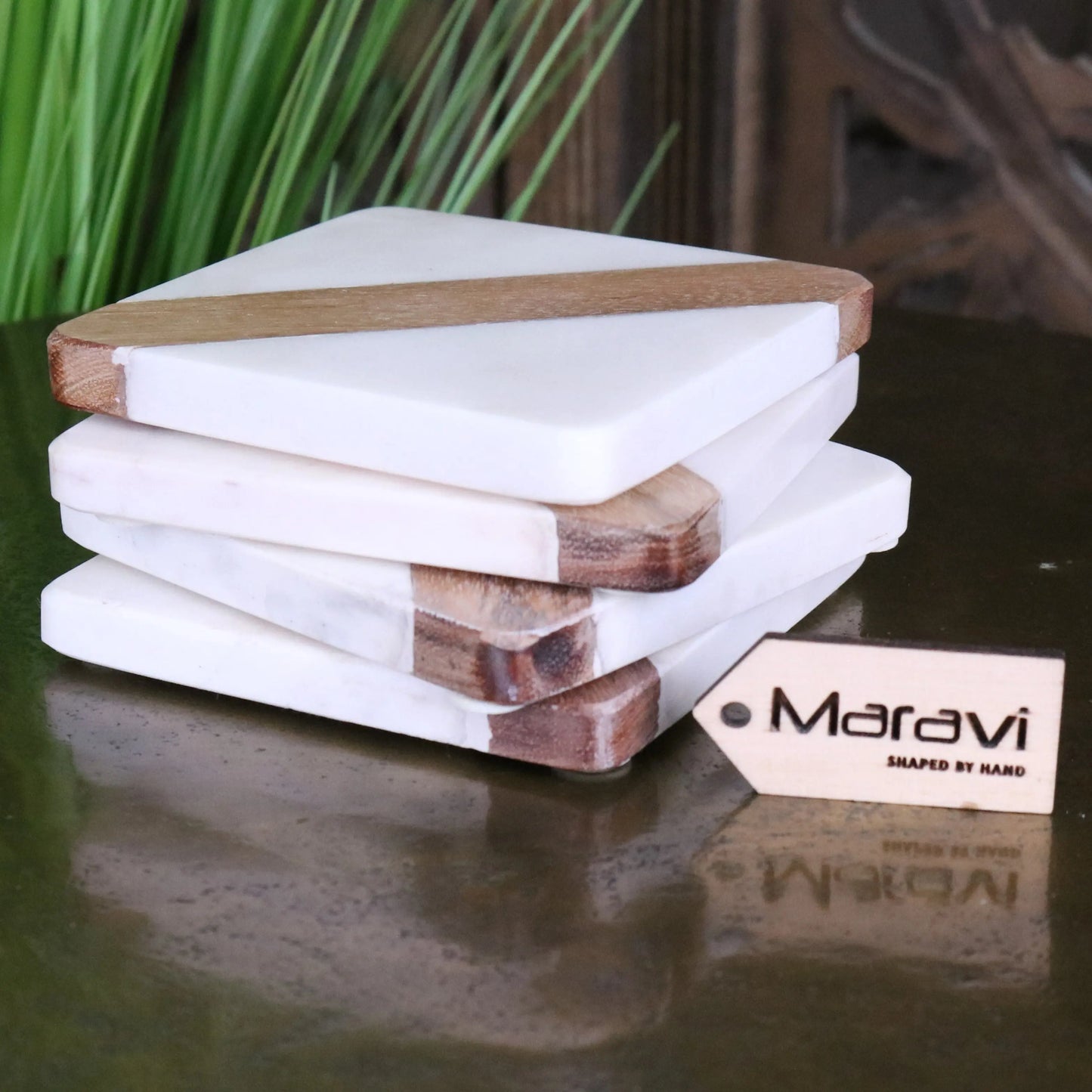 Salya White Marble and Wood Luxury Coasters - Side View of Stacked Coasters