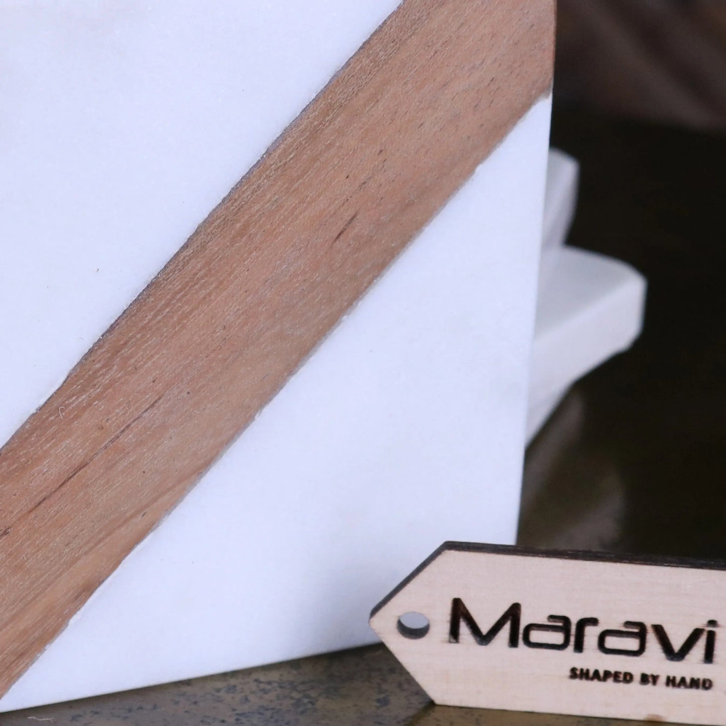 Salya White Marble and Wood Luxury Coasters - Closeup of Woodgrain