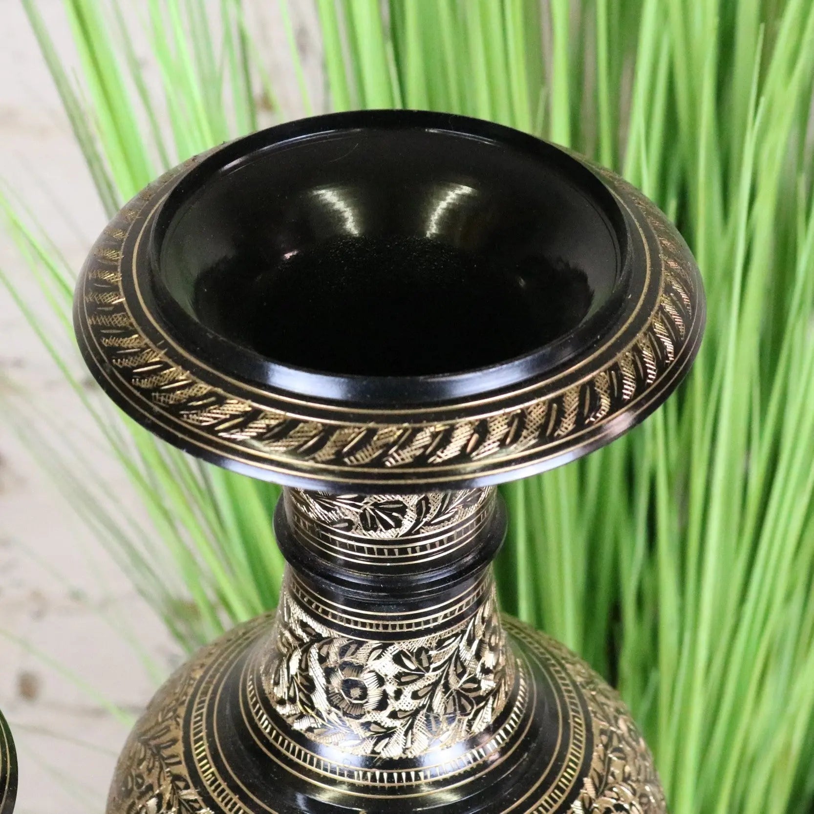 Set of 2 Black Etched Brass Vases 40cm and 50cm - 50cm Vase Rim Closeup