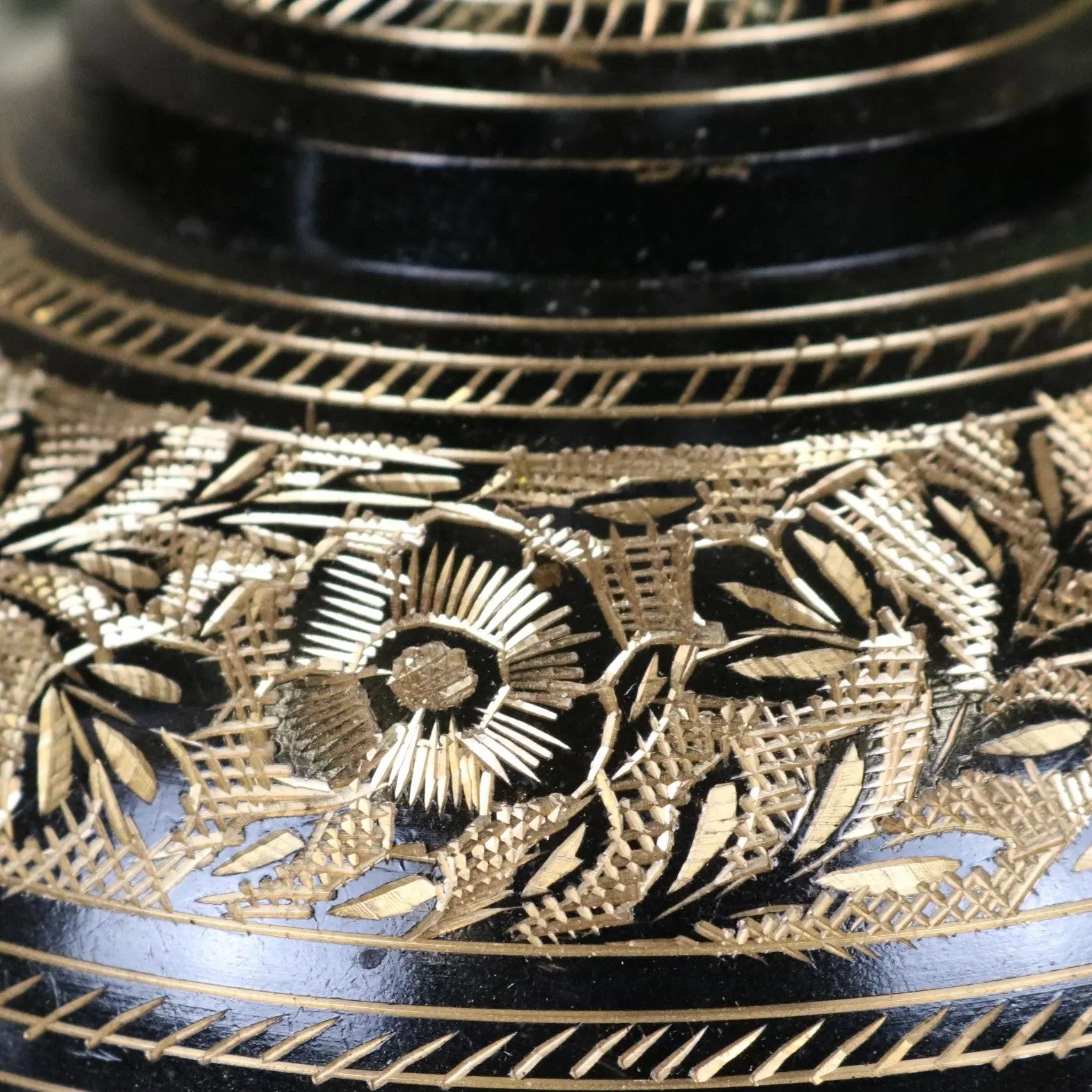 Set of 2 Black Etched Brass Vases 40cm and 50cm - Closeup of Etching