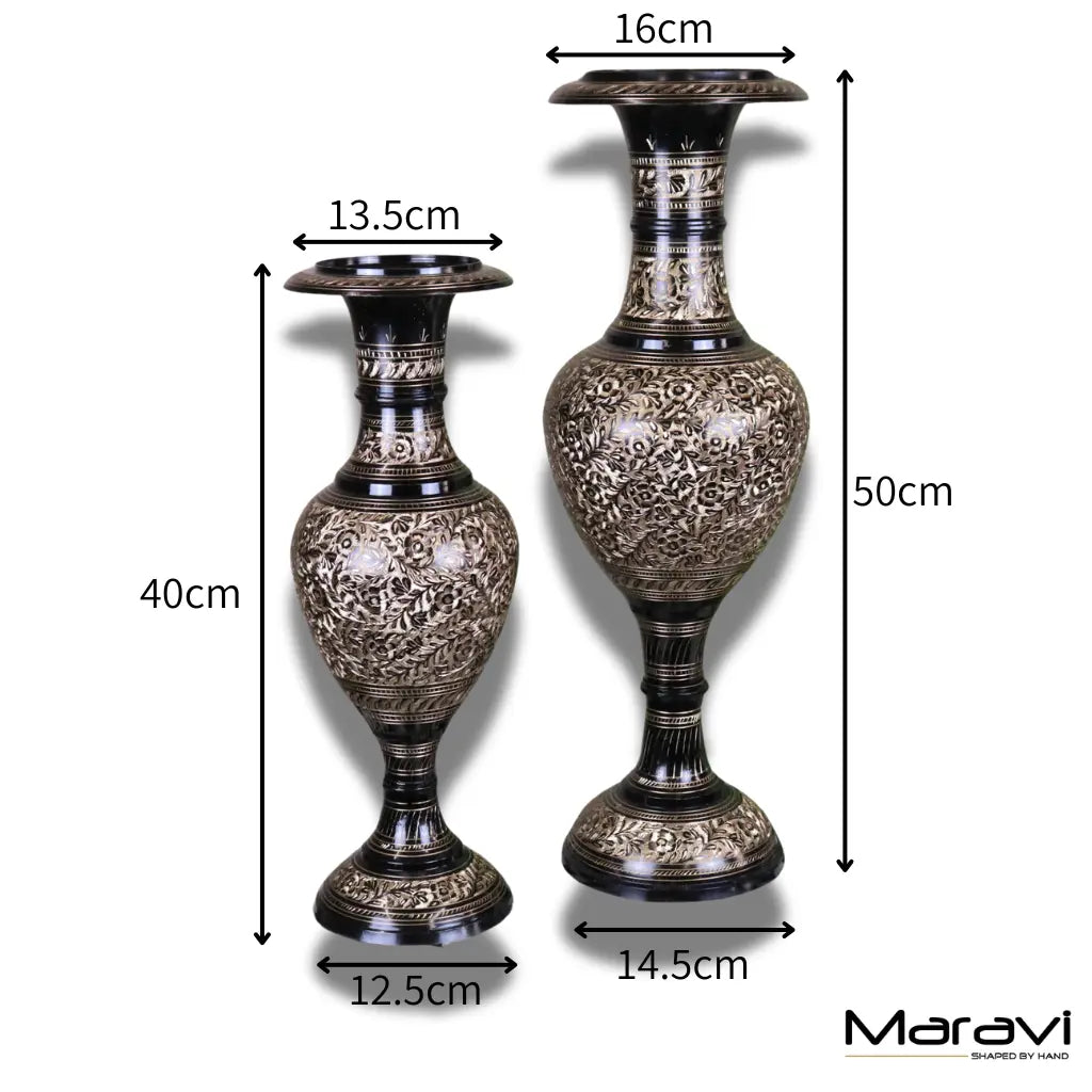 Set of 2 Black Etched Brass Vases 40cm and 50cm - Dimensions