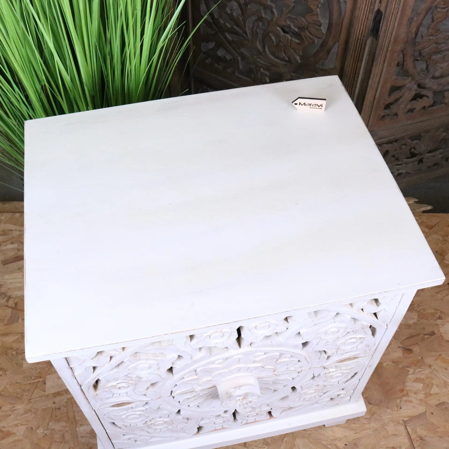 Sohani Wooden Carved Bedside Table Cabinet Distressed White - Top View